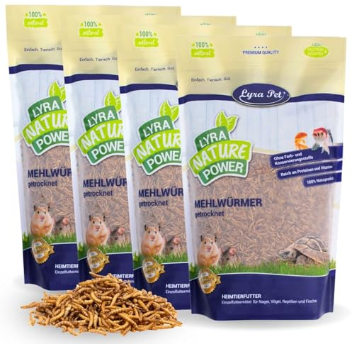 Lyra Pet® 4 x 1 kg de vers de Farine séchés | Nourriture Riche en protéines | pour Oiseaux Sauvages, rongeurs, Reptiles & Poissons | Source d'énergie pour Insectivores | Vitamines & minéraux