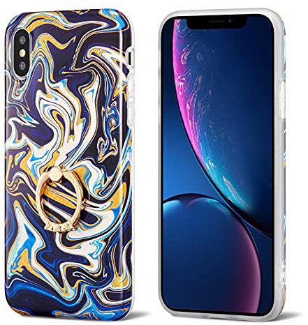 ZCDAYE Case for iPhone XR Phone Case, Colorful Glitter Marble Pattern Soft TPU Thin Protective Case Cover with Ring Shockproof Case for iPhone XR-Dark Blue