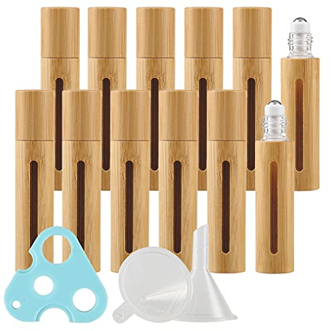 ZEOABSY 24 pezzi da 10 ml di profumo Roll-on in bottiglia, copertura in bambù, finestra trasparente, sfere in acciaio inox, per aromaterapia, fragranza, laboratorio 1 x Opener 3 x imbuto