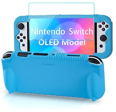 Teyomi Silikon Hülle kompatibel mit Nintendo Switch OLED Modell 2021, stoßfeste Schutzhülle mit Displayschutz aus gehärtetem Glas, ergonomische Griffhülle für Switch OLED, 2 Spielkartenfächer (Blau)