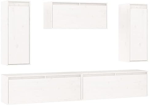 vidaXL TV Schrank 5-TLG. Wandschrank Hängeschrank Wohnwand Lowboard Fernsehschrank Fernsehtisch TV Möbel HiFi-Schrank Weiß Massivholz Kiefer