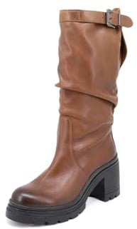 QUEEN HELENA Stivali di Pelle con Tacco Plateau Biker Arricciati Invernali Donna QH21L48 (Marrone, numeric_38)