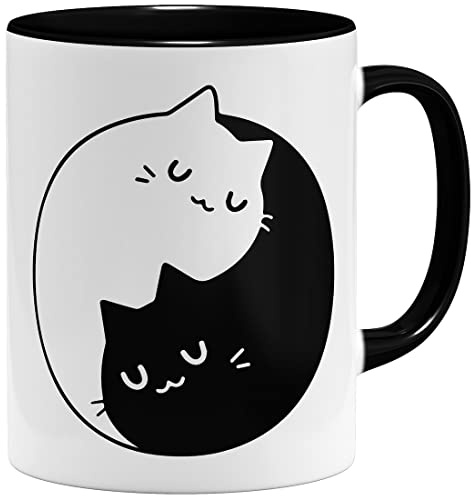 OM3® Tasse mit Katzen-Motiv Yin and Yang Cats | Keramik Becher | 11oz 325ml | Beidseitig Bedruckt | Schwarz