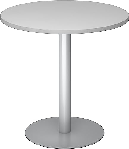 bümö Besprechungstisch, Esstisch Klein Rund 80 cm - Grau, 2 Personen Mit Holz-Platte, Säule Aus Metall in Silber - Konferenztisch, Bistrotisch