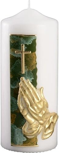 Wiedemann Kerzen Trauerkerze Betende Hände und Kreuz Gold 200 x 80 mm mit Klarsichtkarton