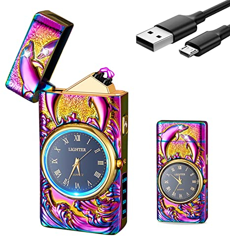 SKRFIRE Briquet USB sans Flamme, Style Dauphin Stylise avec Gravure Precision, Allumage 0.3s Meme Humide, Batterie Li-ION Longue Duree, Compact et Resistant pour Voyage et Plein Air(Multicolore)
