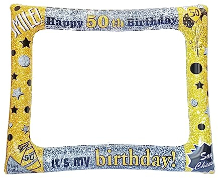 LMSHOWOWO 50 Geburtstag Aufblasbarer Fotorahmen, Gold Silber Aufblasbarer Bilderrahmen, 50. Geburtstagsfeier Photo Booth Requisiten, Selfie Rahmen für Frauen Männer Partys Feste Geburtstagdeko