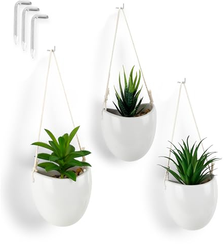PASCH® Juego de 3 plantas artificiales en jarrones de pared de cerámica blanca | Pequeña planta colgante artificial (15 cm), incluye clavos para colgar, jarrón de pared con suculentas artificiales,