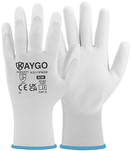 KAYGO Arbeitshandschuhe für Herren Damen 12 Paar, PU beschichtet Schutzhandschuhe, antirutsch Grip an Handflächen und Fingern, Geeignet für allgemeine Arbeit Lager DIY, KG11P (Weiß, M, Gr 8)