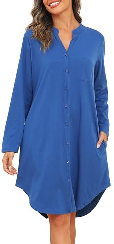 Vlazom Chemise de Nuit Femme Coton Robe de Nuit Patte de Boutonnage Vêtements de Nuit à Manche Longue Couleur Unie,Bleu,S