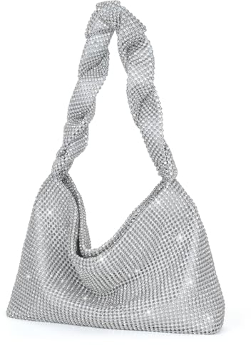 UBORSE Damen Abendtasche Clutch Glitzer Umhängetasche Klein Pailletten Handtasche Schultertasche Kette Tasche für Braut Hochzeit Party Disko - Silber