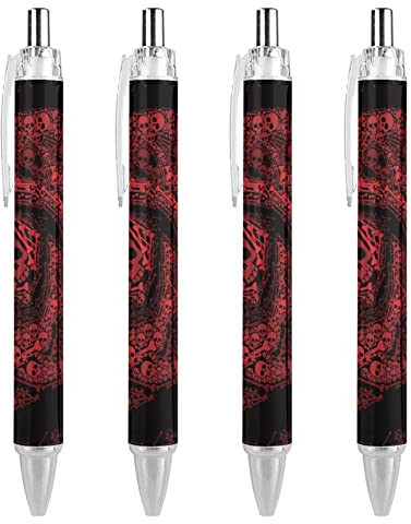 Rote Rose von Totenköpfen und Knochen, einziehbarer niedlicher Kugelschreiber, 0,5 mm, feine Spitze, flexibler runder Schaft für Männer und Frauen