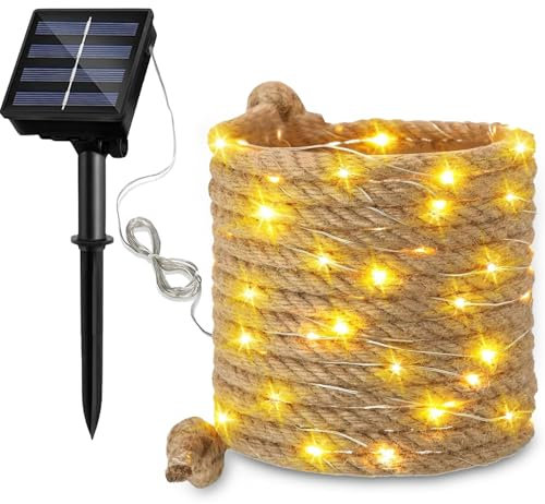 Solar Lichterkette Seil,15M Solar Rope Lights,300 LED Gartenleuchte,Solar Hanfseil Lichterkette,Warmweiß Beleuchtete Lampe,Solar Lichterkette Außen Wetterfest,Wasserdicht Fee Lichterkette Aussen