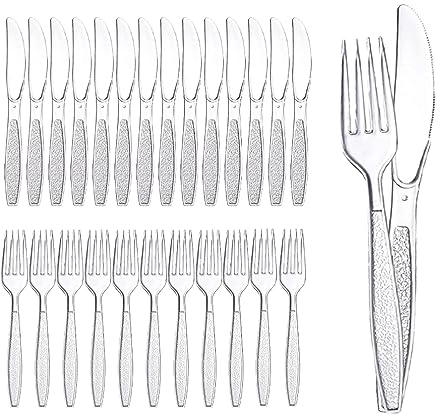 Heavy Duty Reusable Clear Plastic Cutlery Set, 200 PCS Clear Reusable Cutlery Set, 100 Fork 100 Knives Reusable Clear Cutlery(Transparent)