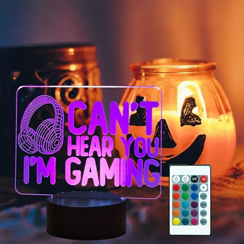Laysinly Can't Hear You I'm Gaming Funny 3D Night Light for Boys Girls, Headphones Gamepad Graphic Video Games Gamer LED Desk Lamp Decor, Remote Control 16 Colors Changing Dimmable