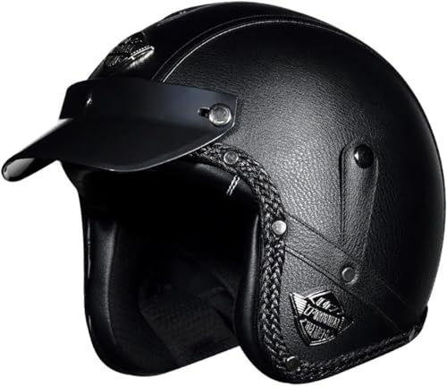 GAORUTO Vintage Jet-Helm 3/4-Helm, Retro-Motorrad-Halbhelm mit offenem Gesicht, PU-Leder-Halbhelm, Cruiser, Chopper, Roller, DOT/ECE-Sicherheits-Antikollisionshelm für Männer und Frauen J,XL61-62CM