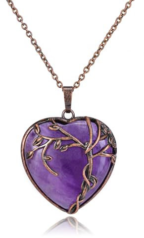 CrystalTears Amethyst Crystal Heart Necklaces for Women Vintage Tree Life Wrapped Healing Crystals Gemstones Heart Pendant Necklace Good Luck Crystal Stone Jewellry Gifts for Women Girls Her Mum