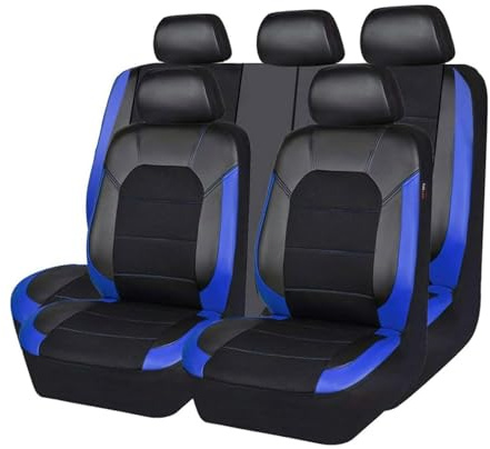 MaKeMoney 9 Stück Auto Sitzbezüge FüR Fo-rd Fiesta Mk7 2009 2010 2011 2012 2013 2014 2015 2016 2017, Leder Sitzschoner Schonbezug Wasserdichter Sitzbezug-Sets Zubehör,A/Black Blue