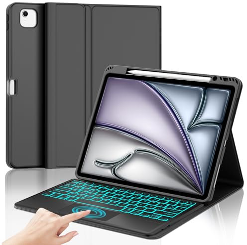 IVEOPPE Clavier iPad Air 13 Pouces (M2 2024/M3 2025) avec Pavé Tactile, rétroéclairé 7 Couleurs AZERTY Français Clavier Coque, Étui Clavier Trackpad Détachable Bluetooth pour iPad Air 13 Pouces, Noir