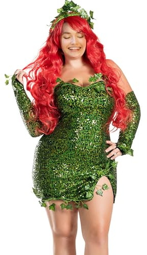 Disfraz de hiedra venenosa de Halloween para mujer, sin mangas, vestido de lentejuelas con hojas falsas y guantes (verde, S)