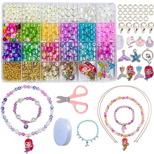Glamifyr 560+ Stück Perlen Set Kinder,Perlenset für Armbänder Kinder Perlen für Armbänder Kinder,Perlen Zum Auffädeln Kinder Perlen Kinder,DIY Kinder Schmuckset Mädchen Bunte Anhänger Meerjungfrau