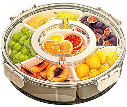 Seahelms Bandeja dividida para servir con tapa y asa, 6 compartimentos, bandeja extraíble para verduras, aperitivos, frutas, frutos secos, dulces