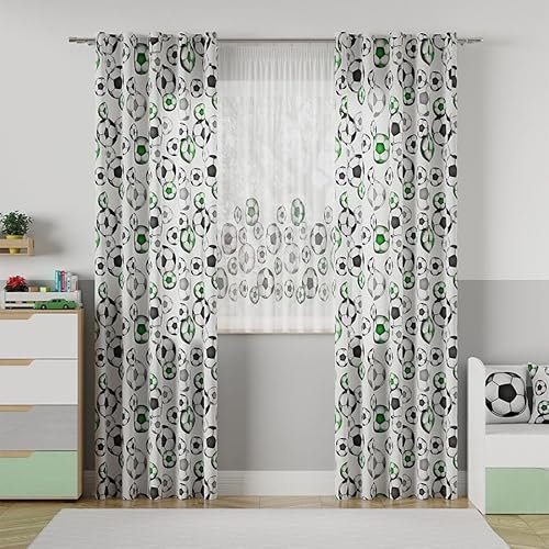 Gardinen Vorhangen Weiß 140x240 cm (BxH) Fußbälle Kinderzimmer Stores Gardinen mit Kräuselband Kurz Lang Scheibengardine Vorhänge Fertiggardine Satin-Stoff