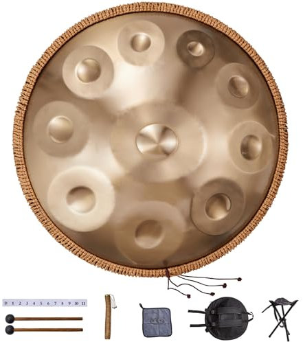 VEVOR Handpan, 55 cm, 10 Noten, D-Moll-Handtrommel, Drum-Instrument mit Schlägeln, 432-Hz-Handpan-Ständer & Tragetasche, Heilende Klangtrommel aus Stahl, Schlaginstrumente für Erwachsene & Anfänger
