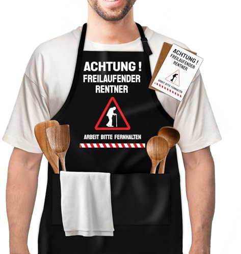 TUZELIYA Ruhestand Geschenke für Männer, Lustig Grillschürze mit Grußkarte, Küchenschürze Geschenke für Rentner, Wasserdichte Rentner Schürze, Geschenkideen für Vatertag Grillparty Weihnachten