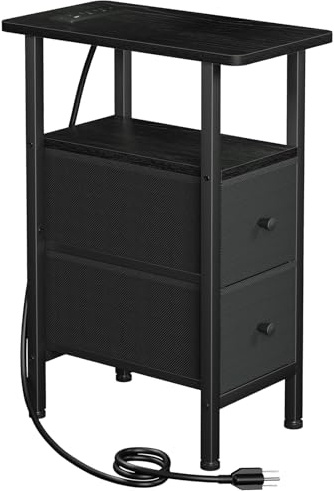 LOAKEKEL Narrow End Table with Charging Station, Small Nightstand