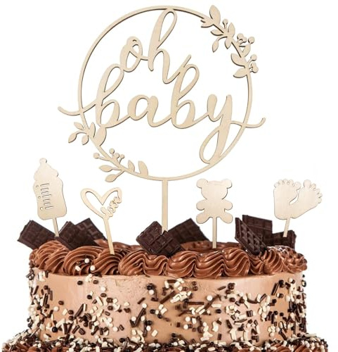 Cake Topper Holz 5 Stück, Oh Baby Tortendeko, Kuchen Topper Kuchendeko Tortendeko für Babyparty, Baby Shower Deko, Gender Reveal Partydeko Kindertaufe schmücken Tortenaufsatz