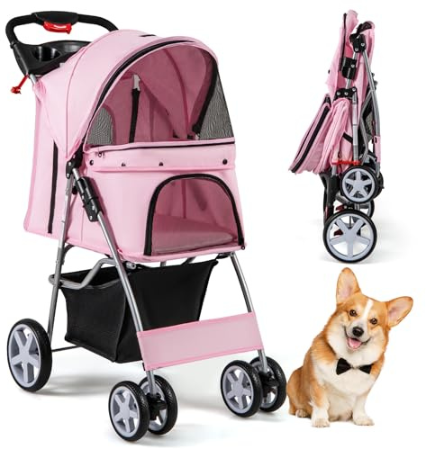 COSTWAY Passeggino per Cani, Carrozzina per Cani Pieghevole Fino a 15 kg, 4 Ruote con Finestra a Rete Porta Bicchiere e Cesto, Passeggino Portatile per Animali Piccola e Media (Rosa)