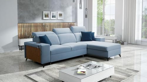 All4All Ecksofa Alicante 1 286x182cm - Schlaffunktion - Bettkasten - L-Form Couch- Eckcouch - Schlafsofa - Wohnlandschaft - Sofa - Polstersofa - Wohnzimmermöbel - Hellblau - Rechts