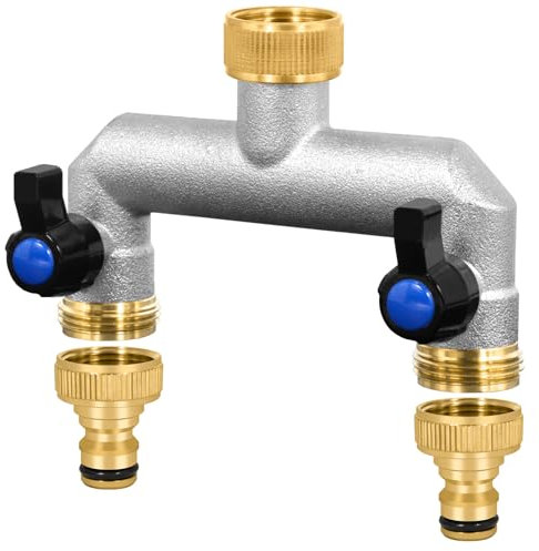 BUOAZR Distribuidor de agua para grifo de 2 vías, distribuidor de conexión de agua de latón de 3/4 pulgadas, adaptador de manguera de 2 vías, Conector Grifo Exterior Doble para Jardin