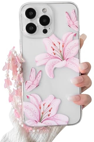 NITITOP for iPhone 16 Pro Max Case Clear Cute Flower Lily Chain,Pink | for Women Girls, Floral Butterfly Design, with Wrist Strap, Soft TPU Shockproof Cover, Full Camera Protection