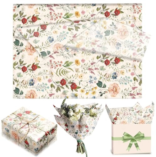 50 Sheets Watercolor Flower Bird Tissue Paper for Wrapping Gifts,50x35cm Vintage Floral Tissue Papers Sheets for Packaging Gift Bags,Gift Wrapping Paper for Crafts DIY Art Wedding Birthday Party Favor
