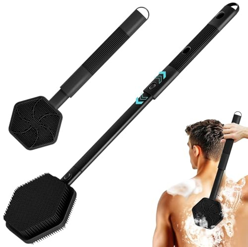 Cepillo de Ducha de Silicona con Mango Largo Ajustable, Cepillo Corporal de Doble Cara para Exfoliación y Masaje en la Ducha, Cepillo para la Espalda con Mango Largo para Limpieza y Cepillado en Seco