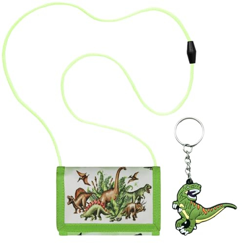 VIDSTW Porte Monnaie Enfant Garçon Et 1 Porte-clés Portefeuille Ado Garcon Motif Dinosaure Sac Tour de Cou pour Enfants Réglable Imperméable pour Noël Anniversaires Nouvel an