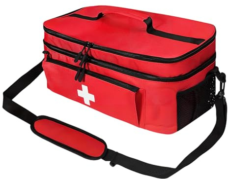 Tragbare Erste-Hilfe, Medikamententasche mit großer Kapazität, Mehrfächer-Organizer mit Schulterriemen, Leere Notfalltasche für Schule, Reisen und häusliche Pflege, Krankenschwester Tasche (Rot)