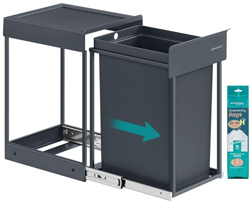 SONGMICS Poubelle de Tri Sélectif, Poubelle de Cuisine Extractible Coulissante, 1 Seau de 20 L, Coulissement en Douceur, Structure en Acier, Couvercle en ABS, Gris LTB920GZ01
