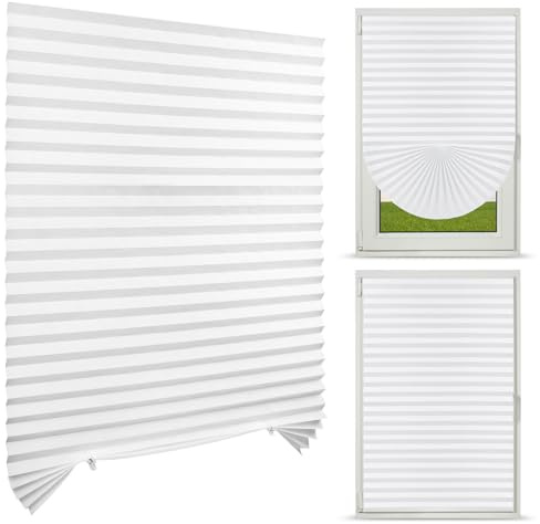 NUTKIT 90x150cm Tenda Plissettata Senza Foratura, Tende Oscuranti Adesive | in Tessuto non Tessuto, 50% Veneziane da Interno, per l'uso, Protezione Solare, Parti per Il Montaggio Incluse - Bianco