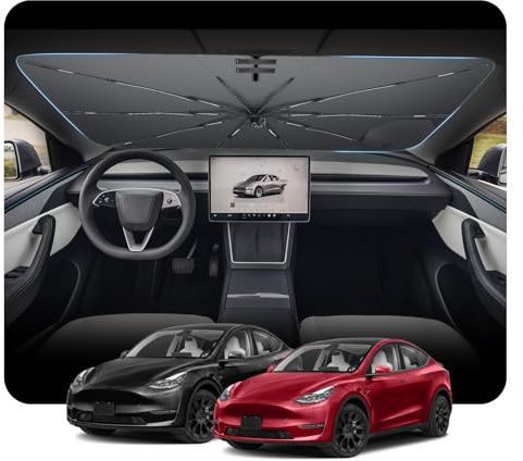 [2026 Upgrade] BSTW Kompatibel mit Tesla Model Y Juniper 2021-2026 Sonnenschutz für Frontscheibe, Automatisch Faltbar Pull-Cord-Sonnenschirm Fiberglas-Skelett UV-Schutz Hitzeschutz Model Y Zubehör