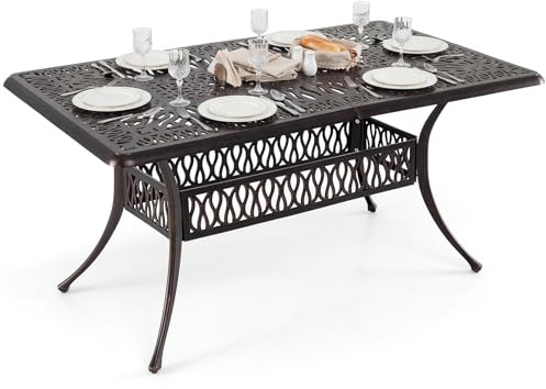 COSTWAY Gartentisch 151x91cm, wetterfester Terrassentisch mit Schirmloch aus Aluminiumguss, rechteckiger Balkontisch für 6 Personen, Esstisch für Garten, Terrasse, Balkon