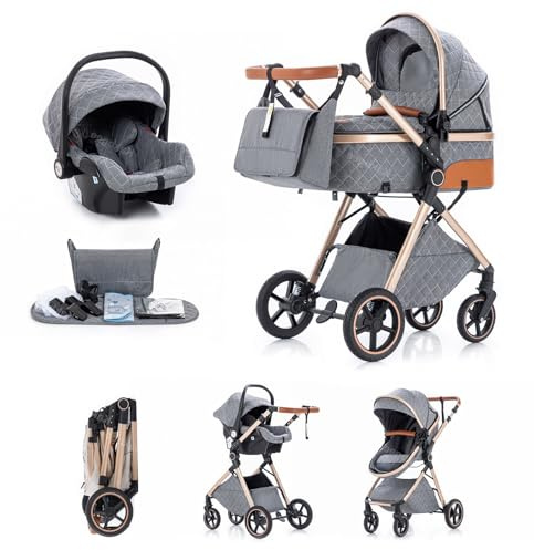 Kakbgee 3 in 1 Kinderwagen mit Babyschale, Buggy 7-Höhenverstellbarer Griff | Faltbar Buggy, 4-Rad Federung, Regenschutz, Moskitonetz, Kombikinderwagen für Neugeborene 0-3 Jahre (15kg), Subgrau