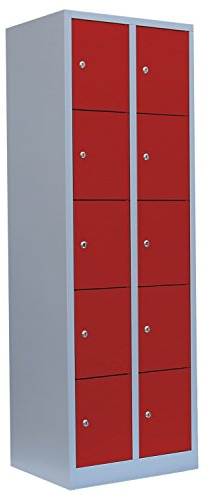 Lüllmann 10 Fächer Schließfachschrank komplett montiert grau/rot 180x80x50cm Wertfachschrank Fächerschrank Spind Umkleideschrank 523524