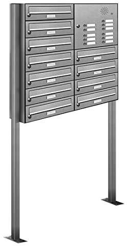 AL Briefkastensysteme 11er Standbriefkasten mit Klingel Standbriefkasten mit Klingel in Edelstahl und Aluminiumgrau RAL 9007 11 Fach DIN A4 wetterfest Premium Briefkastenanlage