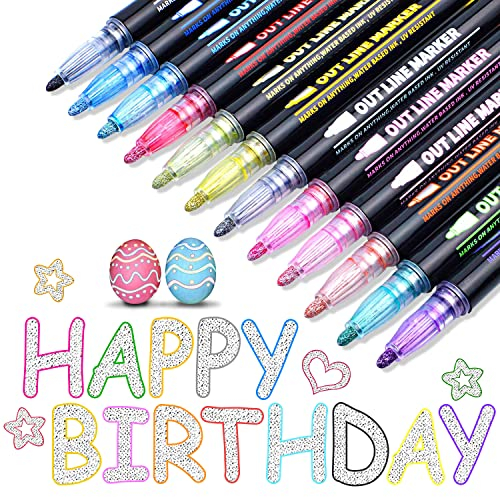 Maqhpu Glitzerstifte Magische Stifte, Einschulung Mädchen, Geschenke für Mädchen, 12 Outline Metallic Zauberstifte für Mitgebsel Kindergeburtstag, Schultüte Füllung, Mädchen Geschenke 4-13 Jahre