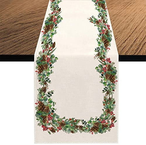 Aquarell Weihnachtskranz Tischläufer Tischbänder, saisonale Xmas Tannenzapfen Beere Winter Urlaub Küche Esstisch Dekoration für drinnen und draußen Home Party Decor 33 x 70 Zoll