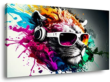 Visario Leinwand Bild Löwe Sonnenbrille Kopfhörer Nr 4052 80 x 60 cm Leinwand Bild Wanddeko hochwertig Wohnzimmer Büro Druck