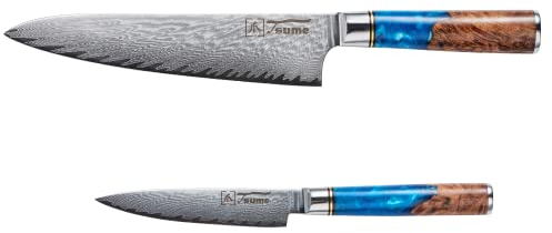 Tsume Starter Set Saphir, Messerset mit 2 Premium Küchenmessern, Echte Damast Küchenmesser, 67 Schichten VG10 Edelstahlkern mit blau-weißem Kunstharz und Holz Handgriffen, Rasiermesserscharfe Premium